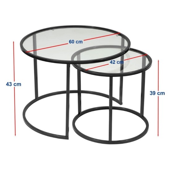 Τραπεζάκι σαλονιού σετ 2 τμχ Vetro  μέταλλο - γυαλί χρώμα μαύρο Ø60x43εκ.