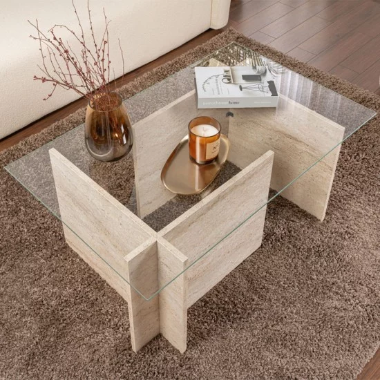 Τραπεζάκι σαλονιού Vetrino  γυάλινο χρώμα travertine 105x65x40εκ.