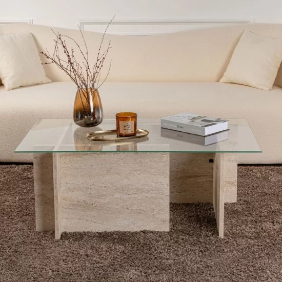 Τραπεζάκι σαλονιού Vetrino  γυάλινο χρώμα travertine 105x65x40εκ.