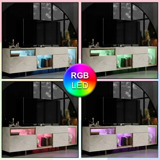 Έπιπλο τηλεόρασης Norm  με Led Rgb χρώμα travertine - χρυσό 180x32x55εκ.