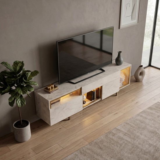 Έπιπλο τηλεόρασης Norm  με Led Rgb χρώμα travertine - χρυσό 180x32x55εκ.