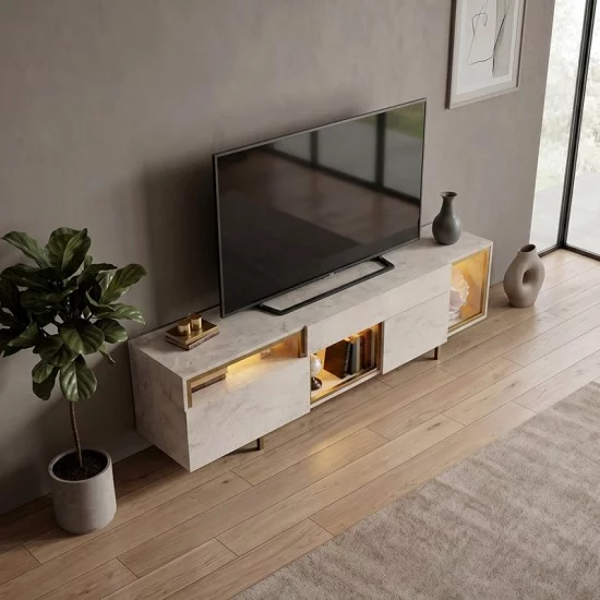 Έπιπλο τηλεόρασης Norm  με Led Rgb χρώμα travertine - χρυσό 180x32x55εκ.