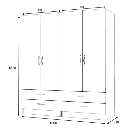 Ντουλάπα ρούχων Ricardo  τετράφυλλη με συρτάρια χρώμα καρυδί 160x51,8x181εκ.