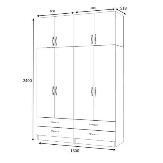 Ντουλάπα ρούχων Ricardo  τετράφυλλη με πατάρι και συρτάρια χρώμα καρυδί 160x51,8x240εκ.