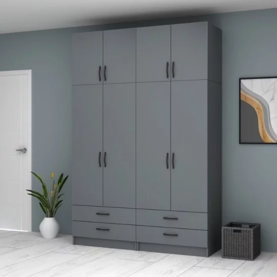 Ντουλάπα ρούχων Ricardo  τετράφυλλη με πατάρι και συρτάρια χρώμα ανθρακί 160x51,8x240εκ.