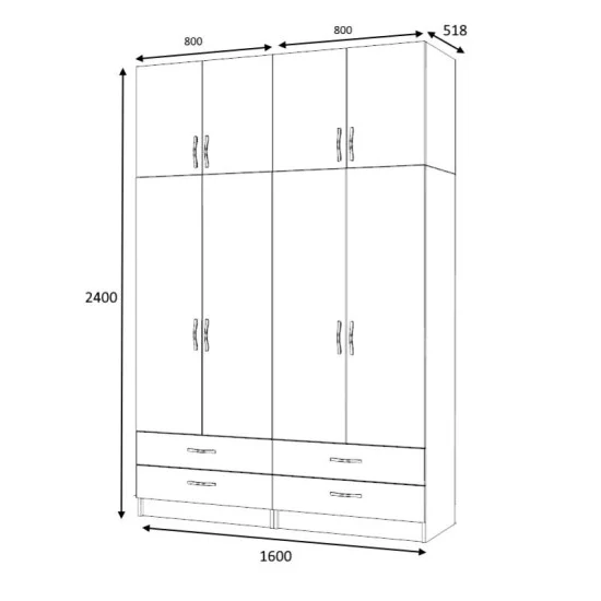 Ντουλάπα ρούχων Ricardo  τετράφυλλη με πατάρι και συρτάρια χρώμα ανθρακί 160x51,8x240εκ.