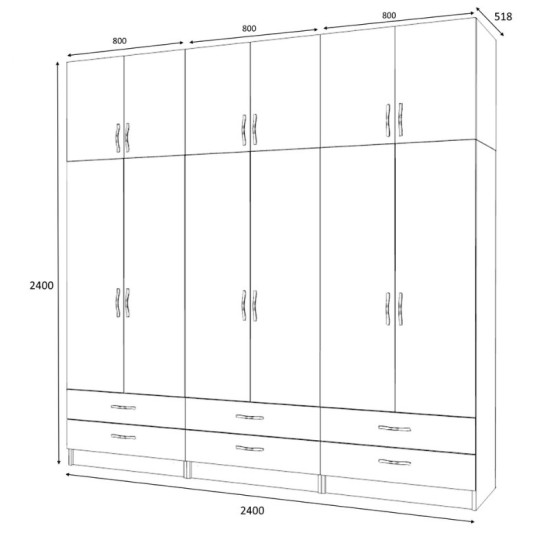 Ντουλάπα ρούχων Ricardo  εξάφυλλη με πατάρι και συρτάρια χρώμα καρυδί 240x51,8x240εκ.