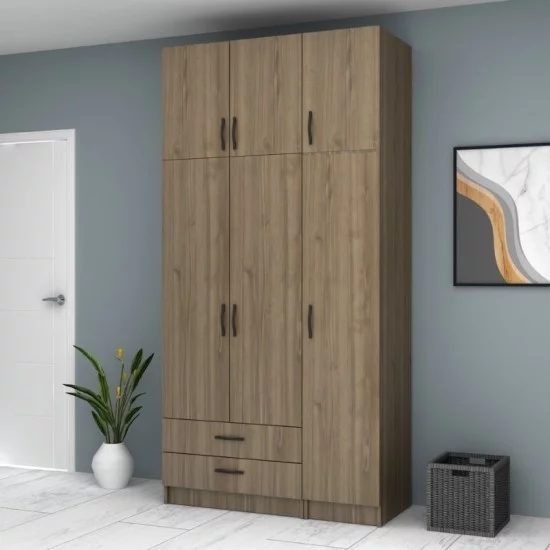 Ντουλάπα ρούχων Ricardo  τρίφυλλη με πατάρι και συρτάρια χρώμα καρυδί 120x51,8x240εκ.