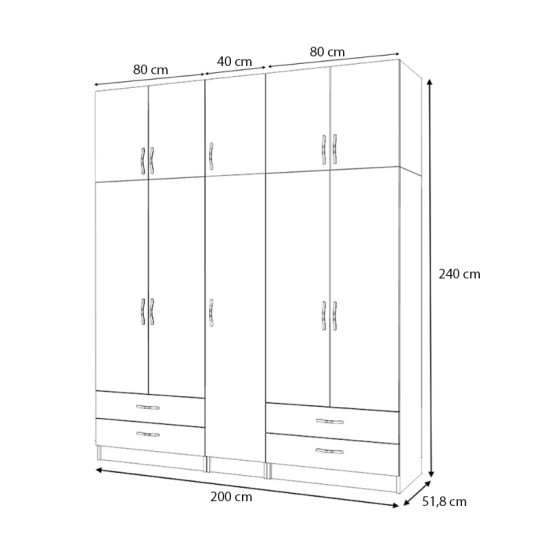 Ντουλάπα ρούχων Ricardo  πεντάφυλλη με πατάρι και συρτάρια χρώμα φυσικό οξιάς 200x51,8x240εκ.