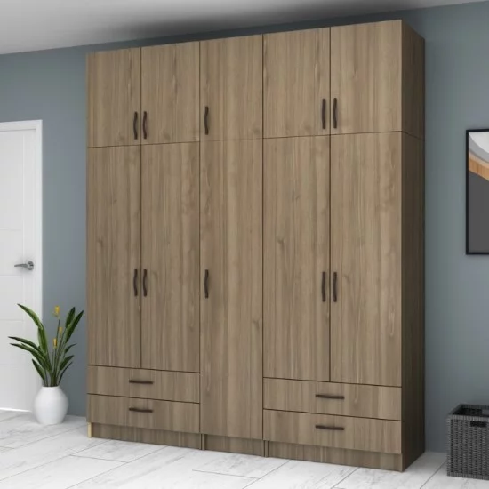 Ντουλάπα ρούχων Ricardo  πεντάφυλλη με πατάρι και συρτάρια χρώμα καρυδί 200x51,8x240εκ.