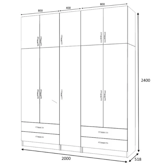 Ντουλάπα ρούχων Ricardo  πεντάφυλλη με πατάρι και συρτάρια χρώμα καρυδί 200x51,8x240εκ.