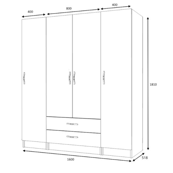 Ντουλάπα ρούχων Ricardo  τετράφυλλη χρώμα λευκό 160x51,8x181εκ.