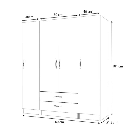 Ντουλάπα ρούχων Ricardo  τετράφυλλη με συρτάρια χρώμα ανθρακί 160x51,8x181εκ.