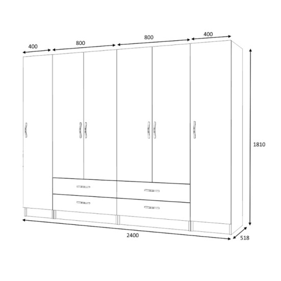 Ντουλάπα ρούχων Ricardo  εξάφυλλη χρώμα λευκό 240x51,8x181εκ.