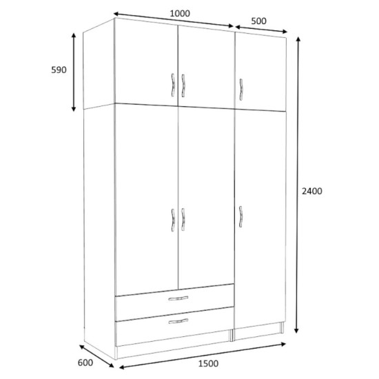 Ντουλάπα ρούχων Victoria  τρίφυλλη με πατάρι και συρτάρια χρώμα καρυδί 150x60x240εκ.
