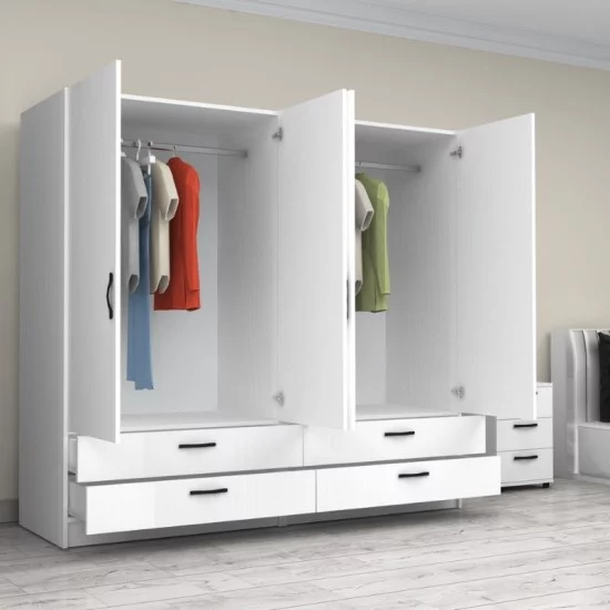 Ντουλάπα ρούχων Victoria  τετράφυλλη με συρτάρια χρώμα λευκό 200x60x181εκ.