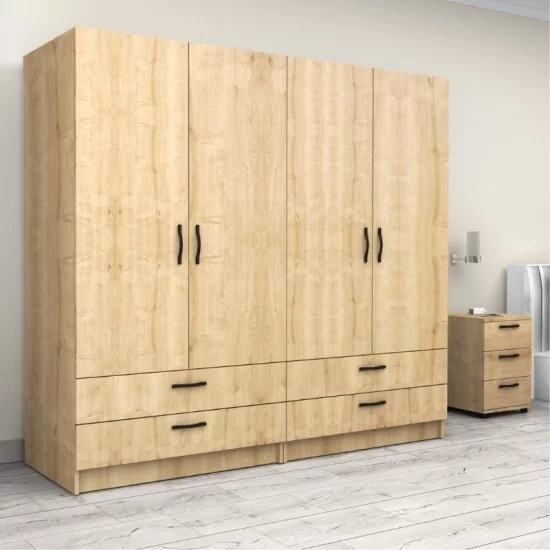 Ντουλάπα ρούχων Victoria  τετράφυλλη με συρτάρια χρώμα φυσικό οξιάς 200x60x181εκ.