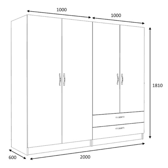 Ντουλάπα ρούχων Victoria  τετράφυλλη με συρτάρια χρώμα καρυδί 200x60x181εκ.