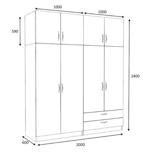 Ντουλάπα ρούχων Victoria  τετράφυλλη με πατάρι και συρτάρια χρώμα καρυδί 200x60x240εκ.