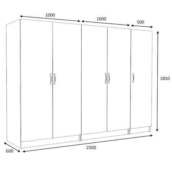 Ντουλάπα ρούχων Victoria  πεντάφυλλη χρώμα καρυδί 250x60x181εκ.