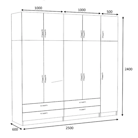 Ντουλάπα ρούχων Victoria  πεντάφυλλη με πατάρι και συρτάρια χρώμα λευκό 250x60x240εκ.