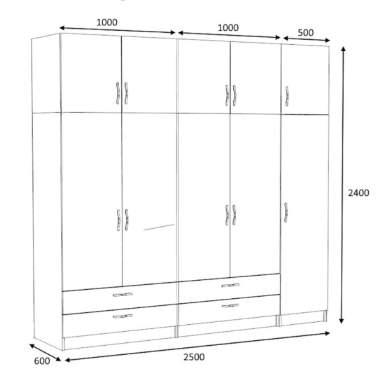 Ντουλάπα ρούχων Victoria  πεντάφυλλη με πατάρι και συρτάρια χρώμα καρυδί 250x60x240εκ.