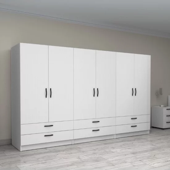 Ντουλάπα ρούχων Victoria  εξάφυλλη με συρτάρια χρώμα λευκό 300x60x181εκ.