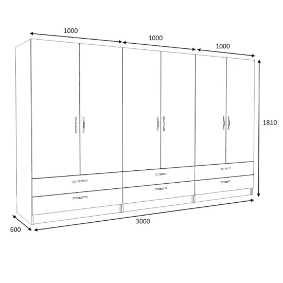 Ντουλάπα ρούχων Victoria  εξάφυλλη με συρτάρια χρώμα λευκό 300x60x181εκ.