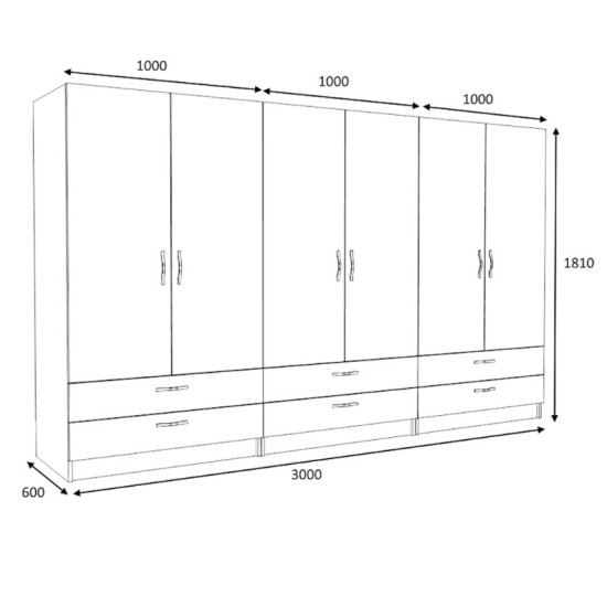 Ντουλάπα ρούχων Victoria  εξάφυλλη με συρτάρια χρώμα καρυδί 300x60x181εκ.
