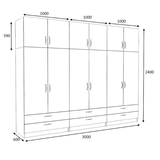 Ντουλάπα ρούχων Victoria  εξάφυλλη με πατάρι και συρτάρια χρώμα καρυδί 300x60x240εκ.