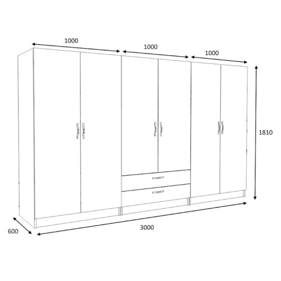 Ντουλάπα ρούχων Victoria  εξάφυλλη με συρτάρια χρώμα καρυδί 300x60x181εκ.