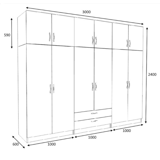 Ντουλάπα ρούχων Victoria  εξάφυλλη με πατάρι και συρτάρια χρώμα καρυδί 300x60x240εκ.