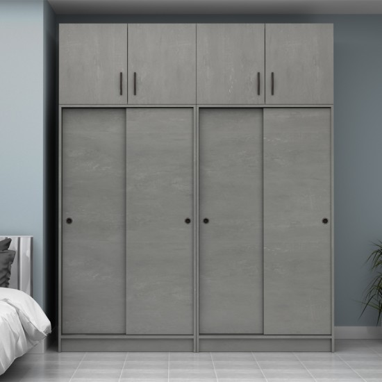 Ντουλάπα ρούχων Regio  τετράφυλλη συρόμενη με πατάρι χρώμα γκρι σκυροδέματος 200x60x240εκ.