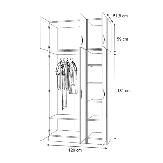 Ντουλάπα ρούχων Vivian  τρίφυλλη με πατάρι χρώμα καρυδί 120x51,8x240εκ.