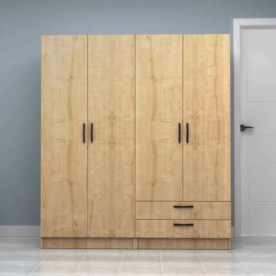 Ντουλάπα ρούχων Vivian  τετράφυλλη με συρτάρια χρώμα φυσικό οξιάς 160x51,8x181εκ.