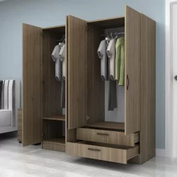 Ντουλάπα ρούχων Vivian  τετράφυλλη με συρτάρια χρώμα καρυδί 160x51,8x181εκ.