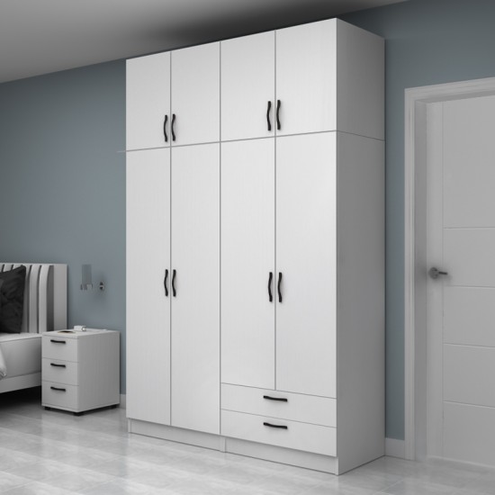 Ντουλάπα ρούχων Vivian  τετράφυλλη με πατάρι και συρτάρια χρώμα λευκό 160x51,8x240εκ.