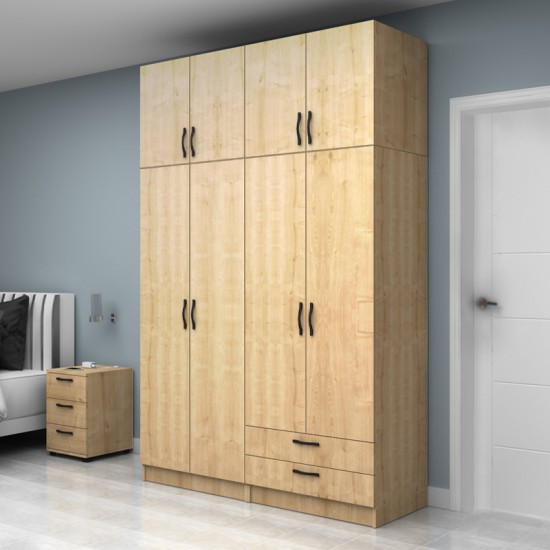 Ντουλάπα ρούχων Vivian  τετράφυλλη με πατάρι και συρτάρια χρώμα φυσικό οξιάς 160x51,8x240εκ.