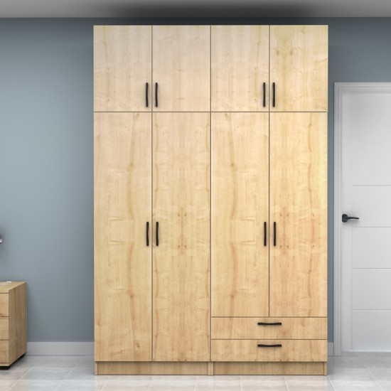 Ντουλάπα ρούχων Vivian  τετράφυλλη με πατάρι και συρτάρια χρώμα φυσικό οξιάς 160x51,8x240εκ.