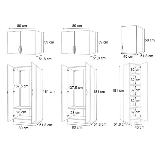 Ντουλάπα ρούχων Vivian  πεντάφυλλη με πατάρι χρώμα λευκό 200x51,8x240εκ.