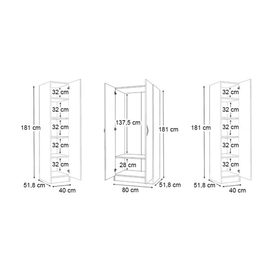 Ντουλάπα ρούχων Vivian  τετράφυλλη χρώμα λευκό 160x51,8x181εκ.