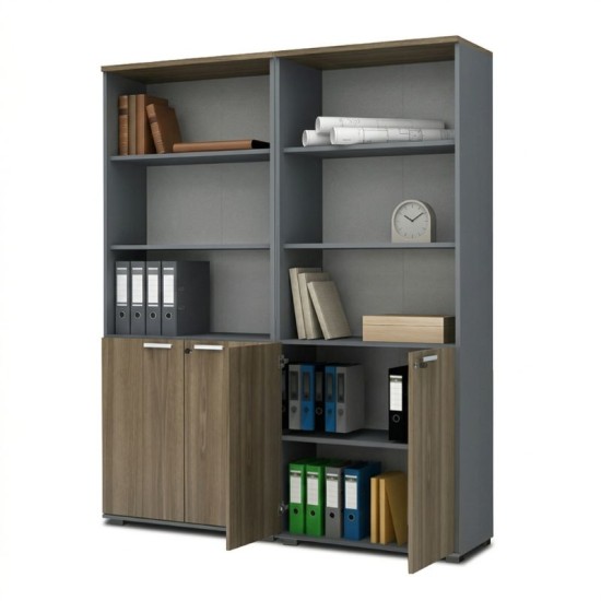 Βιβλιοθήκη γραφείου με κλειδαριά επαγγελματική Venturo  χρώμα ανθρακί - καρυδί 160x40x200εκ.