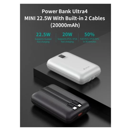 Φορτιστής Ανάγκης Devia EP208 MINI 22.5W 20000mAh με 2 Ενσωματωμένα Καλώδια Ultra4 Γκρι