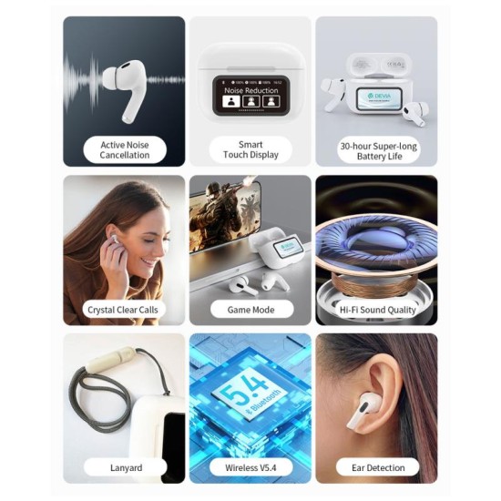 True Wireless Ακουστικά Bluetooth Devia ANC EM062 Pro2 με Οθόνη Λευκό True Wireless Ακουστικά Bluetooth Devia ANC EM062 Pro2 με Οθόνη Λευκό