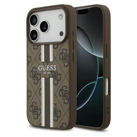 Θήκη PU Guess MagSafe Apple iPhone 17 Pro Hardcase 4G Printed Stripes Καφέ