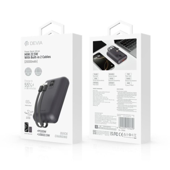 Φορτιστής Ανάγκης Devia EP208 MINI 22.5W 20000mAh με 2 Ενσωματωμένα Καλώδια Ultra4 Γκρι Φορτιστής Ανάγκης Devia EP208 MINI 22.5W 20000mAh με 2 Ενσωματωμένα Καλώδια Ultra4 Γκρι