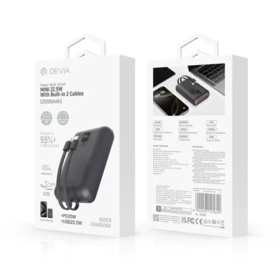 Φορτιστής Ανάγκης Devia EP208 MINI 22.5W 20000mAh με 2 Ενσωματωμένα Καλώδια Ultra4 Γκρι