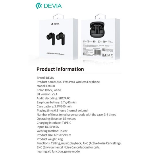 True Wireless Ακουστικά Bluetooth Devia ANC EM408 Pro1 Λευκό True Wireless Ακουστικά Bluetooth Devia ANC EM408 Pro1 Λευκό