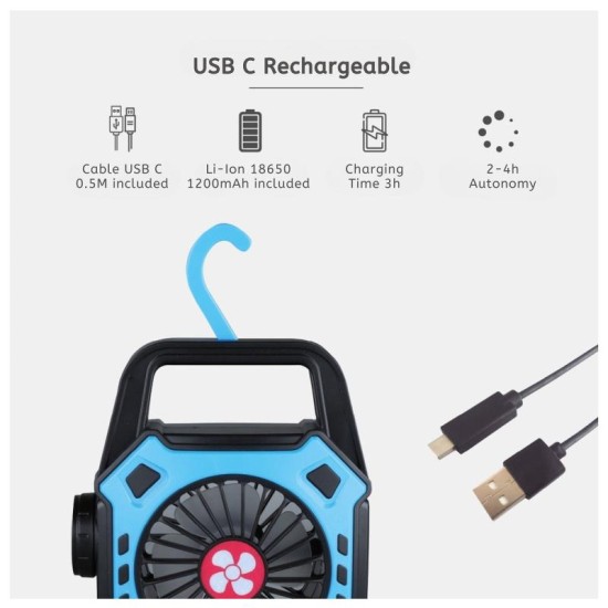 Ανεμιστήρας Κάμπινγκ Niaros Stawell USB 4W με Φακό LED 180lm Μπλε Ανεμιστήρας Κάμπινγκ Niaros Stawell USB 4W με Φακό LED 180lm Μπλε