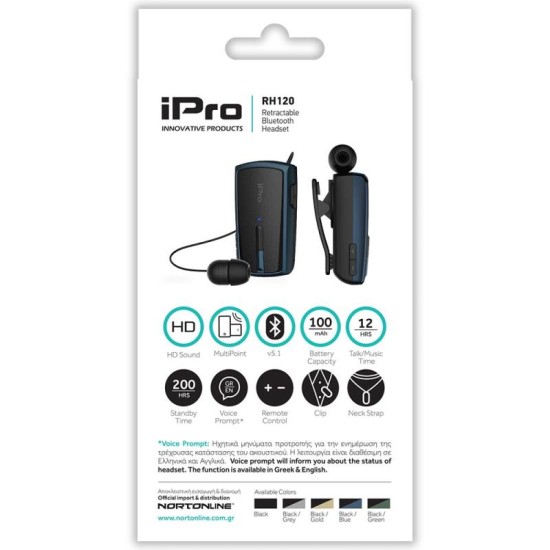 Ακουστικό Bluetooth iPro RH120 Retractable Μαύρο-Μπλε Ακουστικό Bluetooth iPro RH120 Retractable Μαύρο-Μπλε